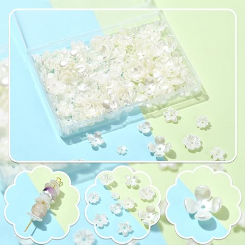 Ipotkitt 200 Pcs 10 Styles White Acrylic Flower Bead Caps ABS Plastic Spring Beads Imitation Pearl Flower Shaped Bead Caps Floral End Caps for DIY Craft Necklaces Bracelets Jewelry Making - color: 200pcs-White Flower Bead Caps-6.5~14.5mm