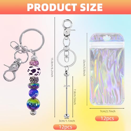 24 Pcs Beadable Keychains Bars bulk - 12 Silver DIY Metal Beaded Keychain Making Kit + 12 Bags Included, Bead Keychain Supplies,Blank Key Chain, Perfect for Women, Men, Mother's Day, Birthday Gift - color: B-silver, size: 12