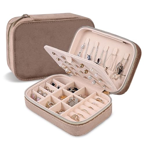 Dajasan Velvet Travel Jewelry Case, Mini Portable Travel Jewelry Organizer Boxes, Jewelry Gift Box for Birthday Mother's Day Valentine's Day Christmas (Khaki) - color: Khaki, size: Medium