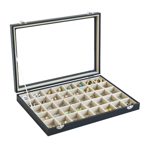 Stratalife Jewelry Organizer 40 Grid Beige Black Jewelry Tray with Clear Dust-proof Lid Velvet Earring Organizer Necklace Rings Holder Display Drawer Storage Case for Women - color: Beige-Black, size: 40 Grid