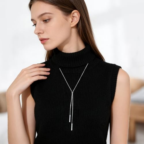 Long Necklace Sterling Silver Larait Bar Y Lariat Long Chain Drop Adjustable Necklace Gift for Her, 30" - style: Long Bar Necklace