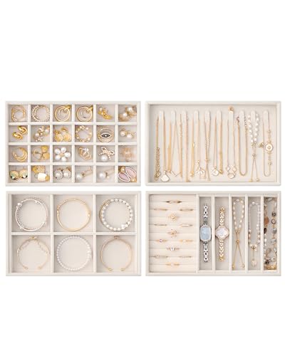Lolalet Jewelry Drawer Organizer Inserts, Stackable Velvet Tray Jewelry Storage Organizers Set Display Cases for Necklaces Bracelets Earrings Rings Chains Bangles Watches, Mothers Day Gift - color: Beige, size: A5 Size, 4 Packs