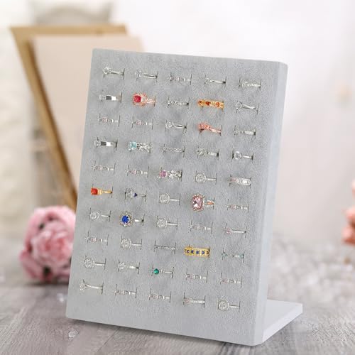 KUKUVR Velvet L-Shaped 50 Slots Ring Earring Holder Display Stand, jewelry Ring Earring Organizer Case Tray for Women & Selling Show (Grey) - color: Grey
