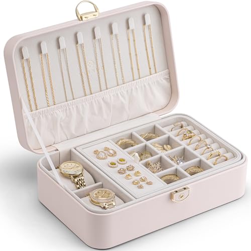 VLANDO 2 Layer Jewelry Box,Jewelry Organizer Storage Lockable Earring Organizer Removable Jewelry Tray with Watch Pillow for Neckable Ring Bracelets-Apricot Pink - color: 01.Apricot Pink-Pillow