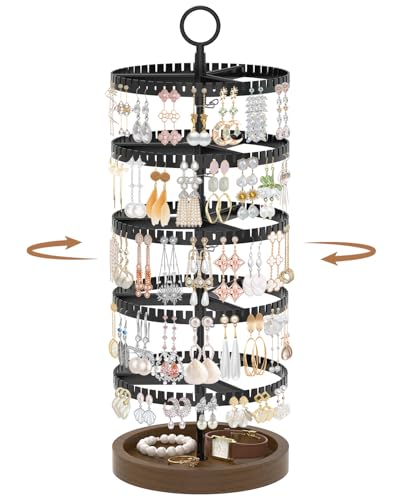 iDavosic.ly 5 Tier Rotating Earring Holder Organizer with Wooden Tray, Large Dangle Display Stands Tree with 285 Plastic Grooves, Adjustable Hoop Storage Rack, Space Saving Tower, Black & Brown - color: Black and Brown, size: 5 Tiers