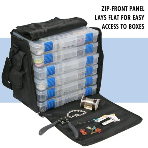 The Beadsmith Keeper Traveler - 13" x 7.5" x 11.5" - Includes 6 Organizer Boxes, Zip Front Tote Bag with Carrying Handle & Removable Adjustable Strap - Portable Storage System for Beads & Supplies