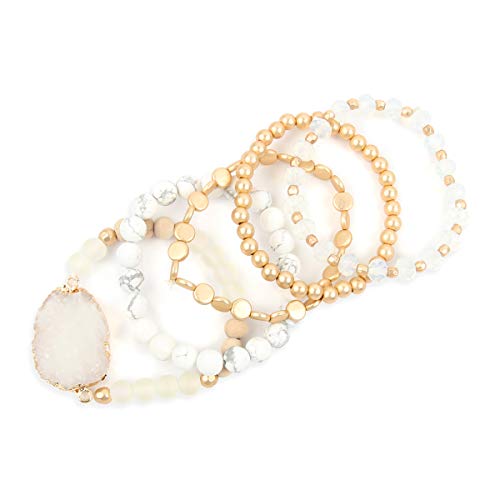RIAH FASHION Bohemian Acrylic Druzy Multi-Layer Bead Statement Bracelet - Versatile Faux Stone Pendant Stretch Strand Stackable Cuff Bangle Set Sparkly Crystal - color: Acrylic Druzy & Natural Stone Bead White Howlite