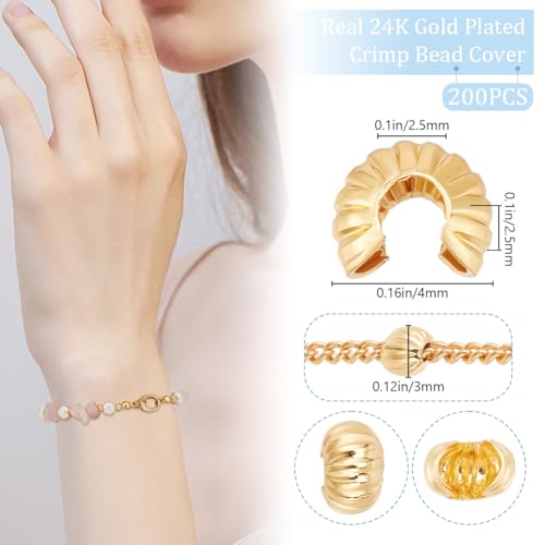 Beebeecraft 1 Box 200Pcs Crimp Bead Covers 4mm Real 24K Gold Plated Brass Open Half Round Crimp Beads Knot Cover Small Spacer Beads for Jewelry Craft Making Bead Assortments DIY Crafts Bracelets