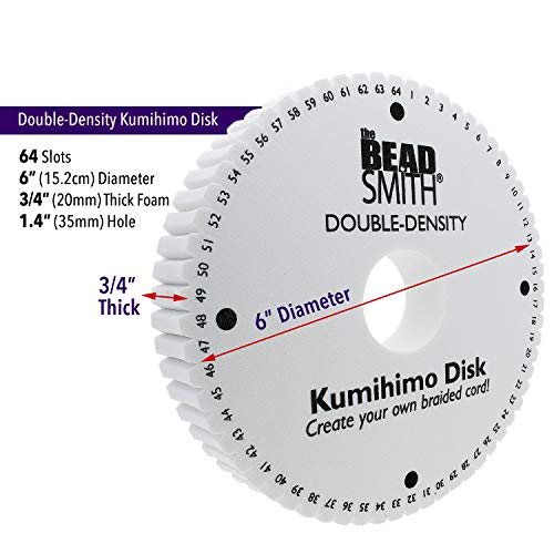 The Beadsmith Round Kumihimo Disk, 6 inch Diameter, 0.75” (20mm) Thick Double Dense Foam, 64 Numbered Slots, Jewelry Tools for Braiding
