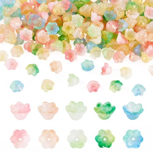 Beadthoven 200Pcs Flower Glass Bead Caps Transparent Glass Crystal Trumpet Lily Flower Beads Floral Loose Spacer Bead Charms for Bracelet Necklace Earring Jewelry Making - color: Trumpet-Colorful