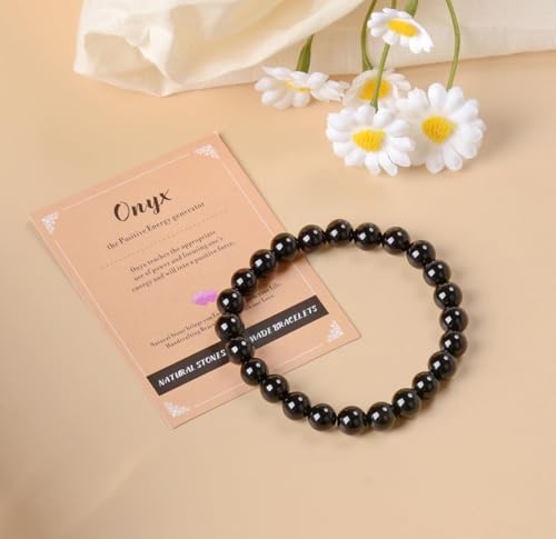 AD Beads Handmade Gemstone Stretch Elastic Bracelet Crystal Healing Reiki Nature's Beauty and Spiritual Essence Unisex - color: Black Onyx, size: 12mm