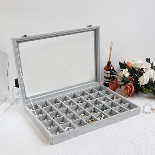 Wudygirl Jewelry Organizer Velvet Jewelry Box 40 Grid Earring Holder Organizer with Lid Ring Holder Ring Display Case Adjustable (Gray) - style: 40 Grid Tray