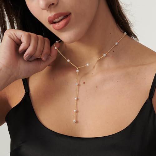 Pearl Necklace for Women- 14K Gold-plated/White Gold-plated Dainty Pearl Necklace for Women - color: Gold Y chain