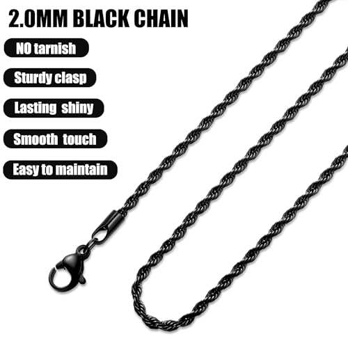 Fiusem 18K Gold Plated Rope Chain for Men, 18K Gold Plated/Black Chain Necklace, Stainless Steel Necklace for Men and Women, Jewelry Gifts - size: 26 Inches, style: Black 2mm
