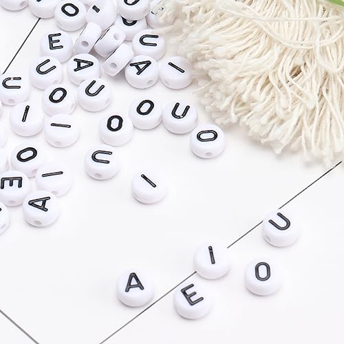 500Pcs Letter Beads 4x7mm White Round Acrylic Alphabet Beads Letter A E I O U Beads for Jewelry Making DIY Bracelets Necklaces Key Chains - color: A E I O U 500Pcs