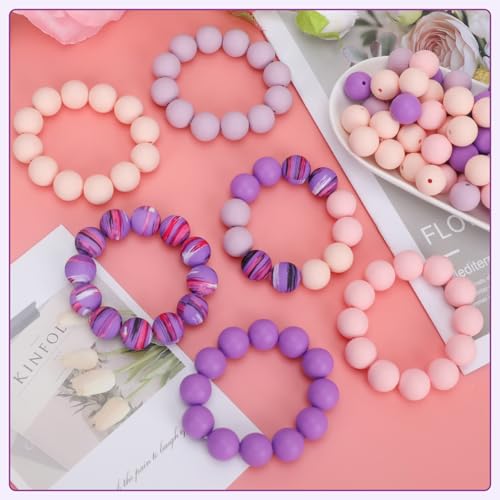 100 Pcs 15mm Silicone Beads for Keychain Making, Pink Gream Silicone Beads Bulk Round for Bracelets Pens Crafts Jewelry Making (Pink Purple) - color: Pink Purple