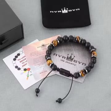 Mens Beaded Bracelet - Stone Jewelry, Black Onyx Hematite Bracelets, Mens Accessories, Adjustable - style: Midnight Fire