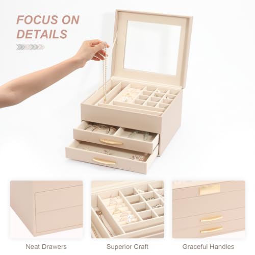 Jewelry Organizer Box, Jewelry Holder Organizer 3 Layers with 2 Drawers, Jewelry Boxes Display Earring Necklace Watch Bracelet and Rings - Glass Lid Apricot - color: A Glass Lid Apricot