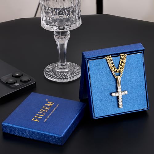 Fiusem Layered Cross Necklace for Men, Silver Tone/14K Gold Plated Mens Necklace Chain with Cubic Zirconia Cross Pendant, Stainless Steel Cuban and Rope Chain - color: Gold, size: 16/18 inches