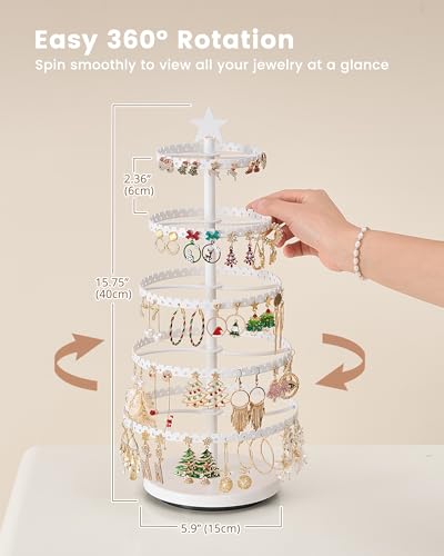 Lolalet 5-Tier Rotating Earring Holder Organizer, Metal Earring Display Stand Large Tree-shaped Rack for Studs Hoops Dangling Earrings, Gift for Women and Girls -White - color: White