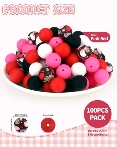100 Pcs 15mm Silicone Beads for Keychain Making, Pink Red Silicone Beads Bulk Round for Bracelets Pens Crafts Jewelry Making (Pink Red) - color: Pink Red