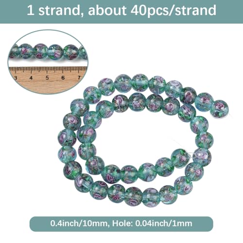 1 Box 40PCS 10MM Rose Flower Lampwork Round Beads with Holes Glass Gold Sand Floral Handmade Pale Turquoise Garden Spacer Loose Bead Bulk for Jewelry Making Necklace Bracelet DIY Craft - color: Green, size: 40pcs