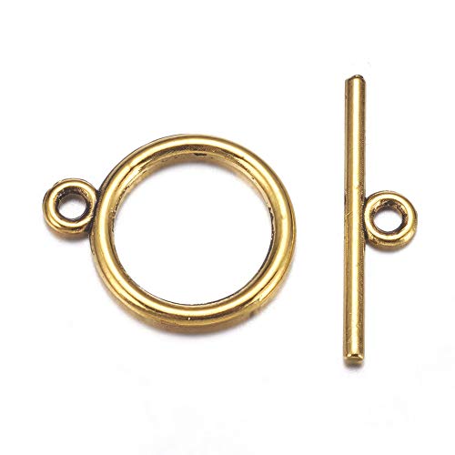 Craftdady 20 Sets Antique Gold Round Toggle Clasps Tibetan T Bar Closure Ring End Clasps for Bracelet Necklace Making - color: Antique Golden, 15mm