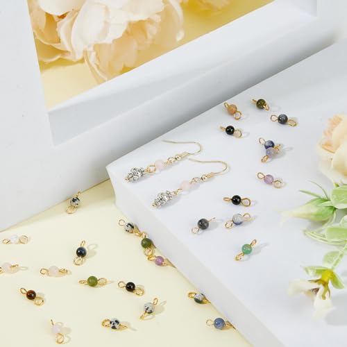 DICOSMETIC 120Pcs 12 Styles Gemstone Connector Charm 4mm Round Stone Link Charms Natural Quartz Crystal Charms Stone Pendants with Double Loops for DIY Bracelet Necklace Jewelry Making, Hole: 2.3mm