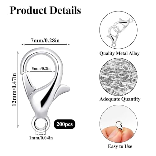 200 PCS Silver Lobster Claw Clasps, Small Alloy Lobster Clasps with Metal Storage Box Lobster Clips for DIY Keychains Bracelets Necklaces Crafts Jewelry Making (12×7mm, Silver) - color: Silver