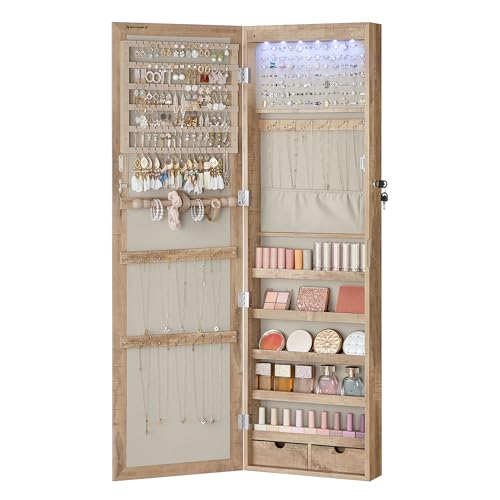 SONGMICS 6 LEDs Mirror Jewelry Cabinet, 47.2-Inch Tall Lockable Wall or Door Mounted Jewelry Armoire Organizer with Mirror, 2 Drawers, 3.9 x 14.6 x 47.2 Inches, Toasted Oak Color UJJC093N01 - color: Toasted Oak Color