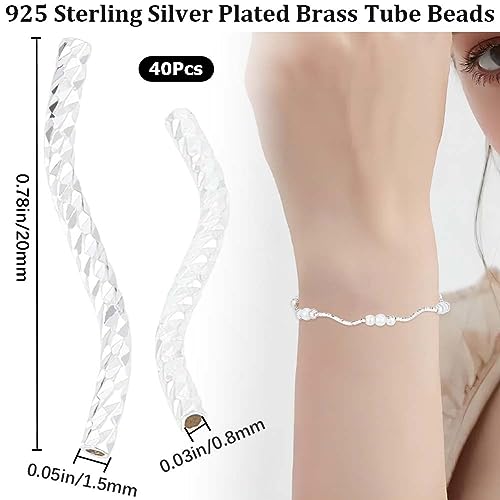 CREATCABIN 40 Pcs Curved Fish Scale Noodle Tube Beads 925 Sterling Silver Plated Brass Long Curved Twist Tube Beads Spacer Connectors Bulk for Jewelry Making Charms Accessories 20mm - color: 03-silvery