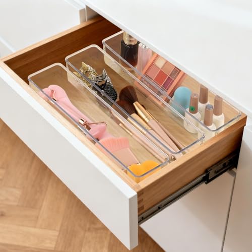 6 Pcs Large Clear Plastic Drawer Organizers Tray 12"x3" Storage Bins with 25 Pcs Non-Slip Pads for Makeup, Jewelries, Kitchen Utensils, Bathroom and Office - size: 12"x3"