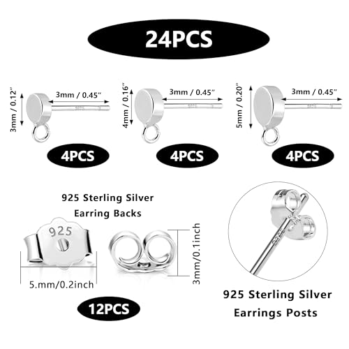 12Pcs Flat Sterling Silver Post with Earring Hook, 3/4/5mm Ear Studs with Loop Hypoallergenic 925 Sterling Silver Earrings Findings Dangle Studs Posts Butterfly Backs Supplies Jewelry Making Set - color: Flat_Silver