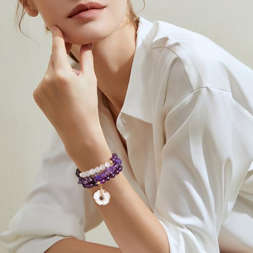 Vinswet Healing Crystal Beaded Bracelets for Women,Natural Amethyst Gemstones Bracelet,Anxiety Stress Relief Heart Charm Bracelet Handmade purple Jewelry Gifts for Women - color: Amethyst&Flower
