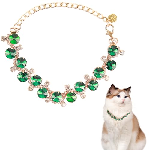 HOWWFALY Dog Collar and Cat Collar Gold Chain Necklace Stainless Steel Adjustable Green Rhinestones Collar with Cute Pet Paw for Small Medium Pets Cats Dogs Kitten Puppy (Green, M) - color: Green, size: Medium