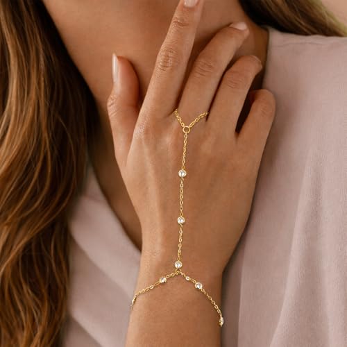Gold Hand Chain Bracelet for Women, Ring Bracelet Hand Chain Non Tarnish Waterproof Dainty Finger Bracelet Beaded Cubic Zirconia Layered Twist Link Stack Bracelets Trendy Jewelry Gift for Her - color: CZ Chain