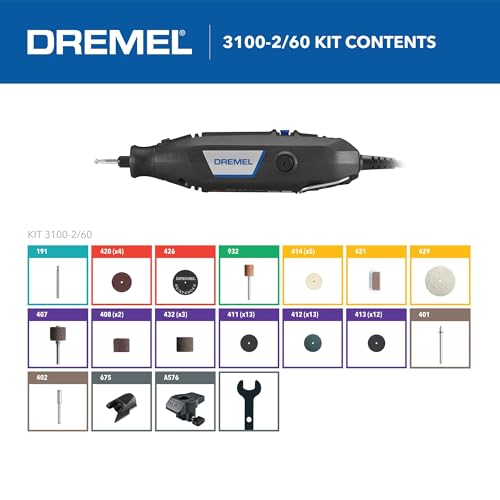 Dremel 3100-2/60 Variable Speed Rotary Tool Kit- 2 Attachments and 60 Accessories, Ideal for a Variety of Crafting and DIY Projects- Cutting, Sanding, Grinding, Polishing, Drilling, and Engraving - style: 62-Piece Kit