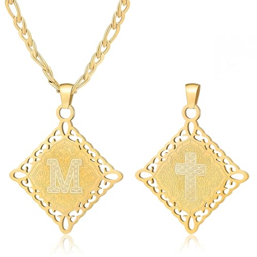 LETFLY Initial Necklaces for Women Men, 18K Gold Plated Letter Cross Pendant Necklace Alphabets A-Z Figaro Chain Jewelry Gifts - color: Rhombic, style: Letter M