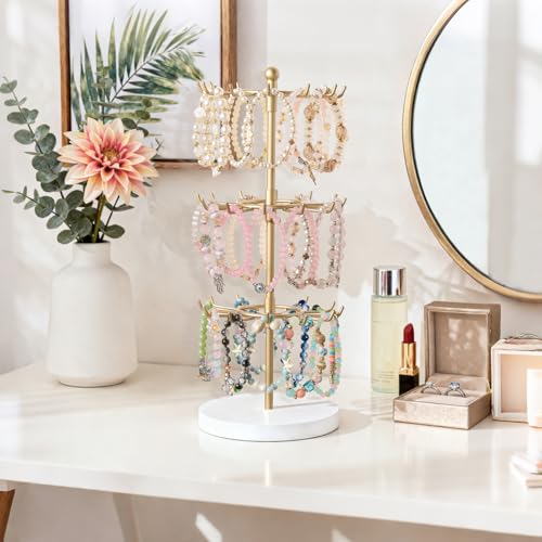 Mkono Bracelet Holder Gold Metal Rotating Bracelet Display Stand 3 Tier Jewelry Tower rack with 36 Hooks and Wood Base Modern Adjustable Storage Organizer Tree for Selling KeyChain Bangle Accessories