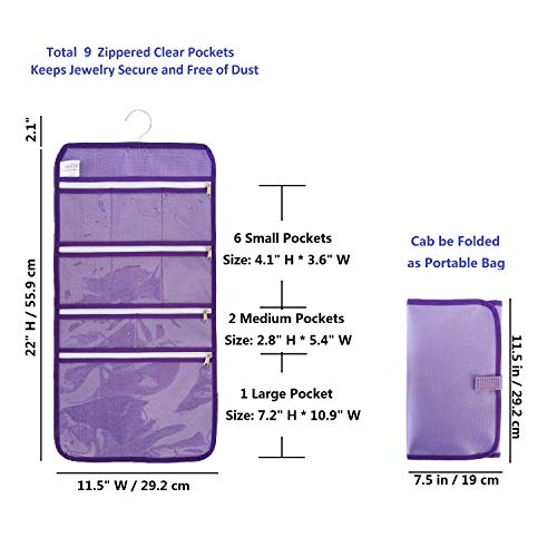 Travel Foldable Jewelry Rolls Bag Hanging Jewelry Organizer with 9 Zippered Clear Pockets Storage Pouch with Rotatable Hanger (PURPLE) - color: PURPLE