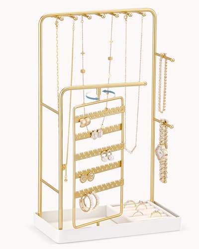 Lolalet Jewelry Organizer Stand, No Assembly Needed Display Storage with Rotating Earring Holder for Room Dorm Decor Necklace Bracelet Rings, Gifts for Mom Women Girls Mother's Day -Gold - color: Gold