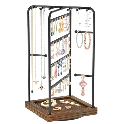 MODOWEY Earring Necklace Holder Organizer Jewelry Stand, Wood Rotating Display Tree for Vendor Selling, Tiered Tower Rack for Pierced Stud Bracelet 90+ Pieces Storage, Easy Access for Women, Black - color: Black