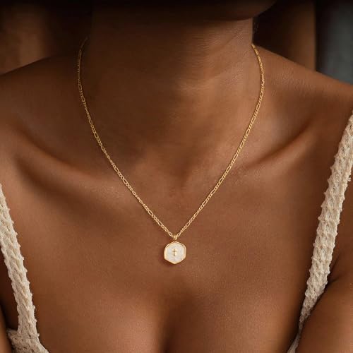 Mothers Day Gifts for Mom Cross Necklace for Women Dainty 14K Gold Plated Cross Coin Necklace Simple Round Disc Pendant Minimalist Cute Charm Everyday Religious Jewelry Gifts - style: figaro chain