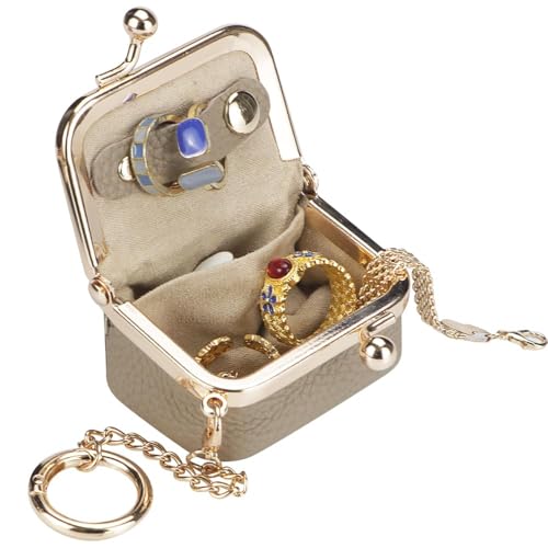 Royal Bagger Genuine Cow Leather Mini Jewelry Box Women's Coin Purse Solid Color Kiss Lock Change Pouch Casual Style Small Storage Bag for Women 1894 (Brown with Chain) - color: Brown with Chain
