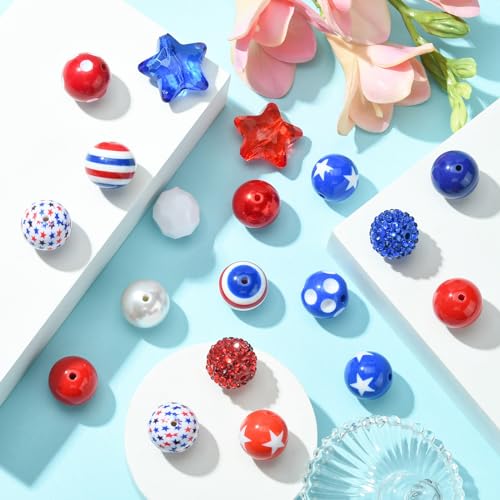 DanLingJewelry 50Pcs Random 20mm Acrylic Round Beads Independence Day Acrylic Beads Red White Blue Spacer Beads for Crafts Jewelry Making - color: 50pcs - Independence Day