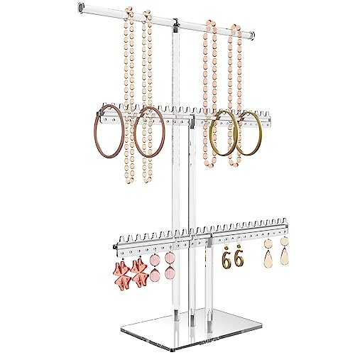lengnoyp Premium Jewelry Stand, Earring Holder, Necklace Holder Stand, Clear 3-Tier Acrylic Large Storage Jewelry Organizer Stand & Bracelet/Bangles Stand, 48 Earring Holes Display Stands - size: 3-tier
