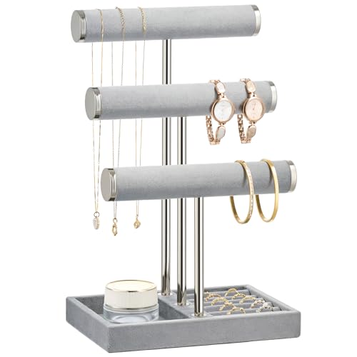 bussdis 3 Tier Bracelet Holder Display - Detachable T Bar Grey Velvet Bracelet Holder, Jewelry Holder Organizer for Bracelet, Necklace, Earrings, Rings - color: Grey, size: Standard