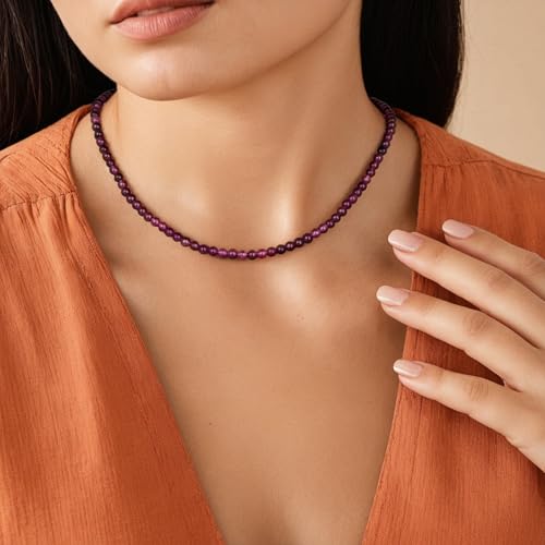 Crystal Choker Necklaces for Women,4mm Handmade Natural Stone Choker Beaded Necklace Healing Crystal Necklace Gemstone Bead Necklaces for Women - color: Amethyst