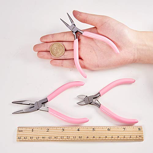 SUNNYCLUE 3pcs Jewelry Pliers Tool Set Professional Precision Tools for DIY Jewelry Making - Side Cutting Long Chain Nose Round Nose Pliers, Pink