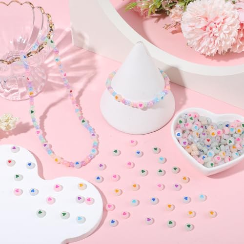 1 Box 600PCS 4X7MM Luminous Heart Beads Holes Acrylic Flat Round Glow in the Dark Plastic Colorful Love Shape Valentine Loose Bead Bulk for Jewelry Making Bracelet Necklace Diy Craft Supply